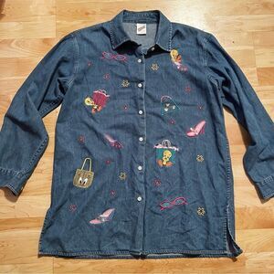 Vintage Warner Brothers Tweety Bird Denim Button Up Long Sleeve Women’s Large
